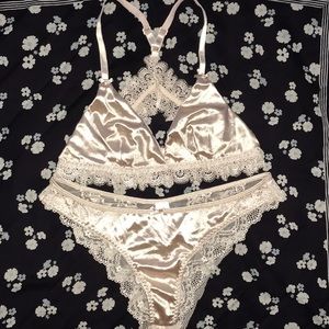 Light bronze satin and lace sexy bra and panty